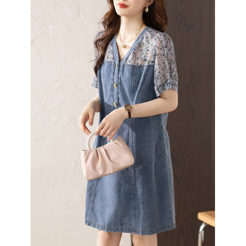 九月陌墨法式碎花拼接連衣裙假兩件夏2025新款收腰顯瘦氣質牛仔裙