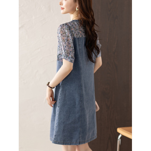 九月陌墨法式碎花拼接連衣裙假兩件夏2025新款收腰顯瘦氣質牛仔裙