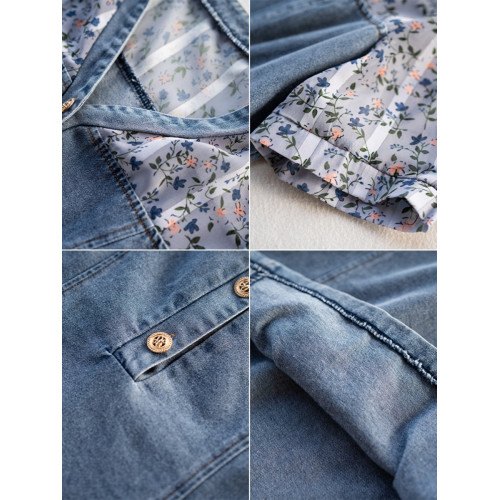 九月陌墨法式碎花拼接連衣裙假兩件夏2025新款收腰顯瘦氣質牛仔裙