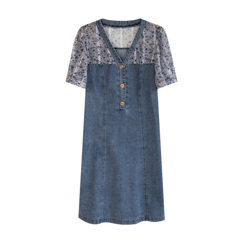 九月陌墨法式碎花拼接連衣裙假兩件夏2025新款收腰顯瘦氣質牛仔裙