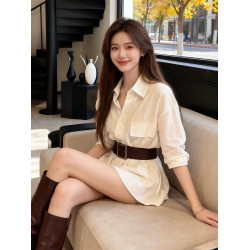 韓版寬鬆慵懶風v領長袖襯衫女秋季小衆設計感收腰別致襯衣配腰帶