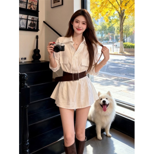 韓版寬鬆慵懶風v領長袖襯衫女秋季小衆設計感收腰別致襯衣配腰帶