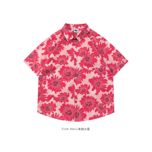 From Mars 花開正好 夏威夷風碎花滿印短袖襯衫寬鬆休閒情侶潮ins
