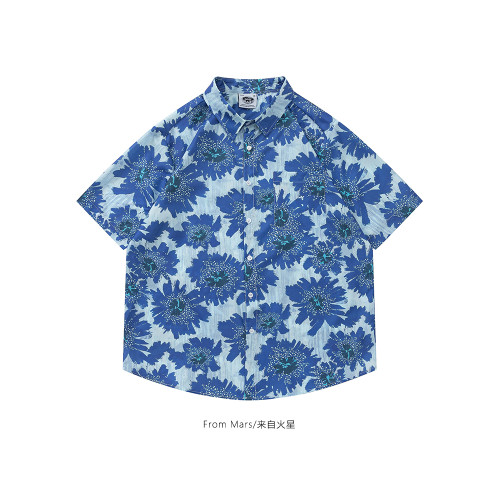 From Mars 花開正好 夏威夷風碎花滿印短袖襯衫寬鬆休閒情侶潮ins