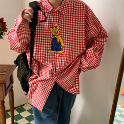 C2自製/古著風卡通刺綉格子襯衫復古港味寬鬆襯衣趣味鹽系上衣ins