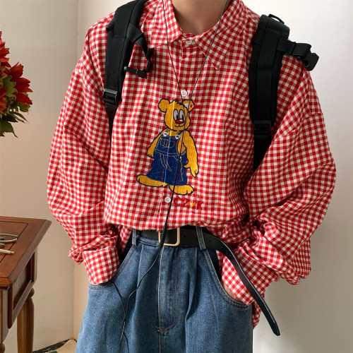 C2自製/古著風卡通刺綉格子襯衫復古港味寬鬆襯衣趣味鹽系上衣ins