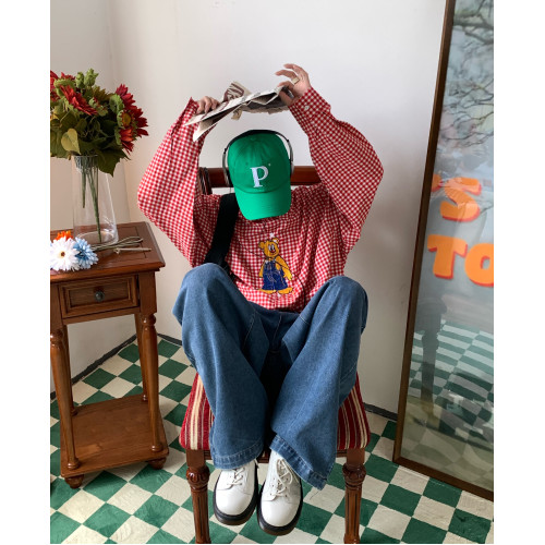 C2自製/古著風卡通刺綉格子襯衫復古港味寬鬆襯衣趣味鹽系上衣ins