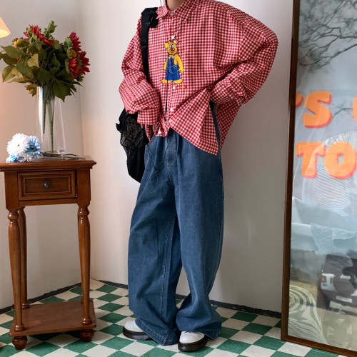 C2自製/古著風卡通刺綉格子襯衫復古港味寬鬆襯衣趣味鹽系上衣ins