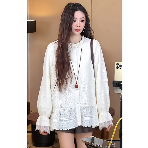 大碼白色慵懶風蕾絲長袖襯衫女早春法式甜美學院風襯衣設計感上衣