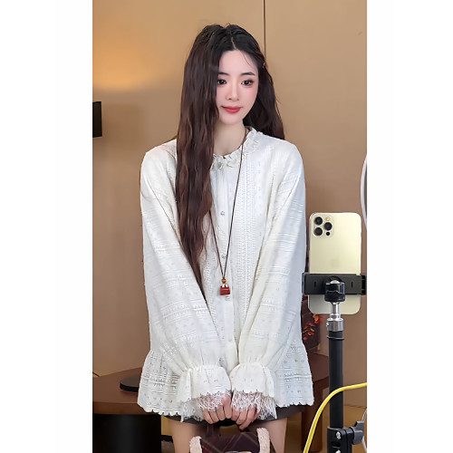 大碼白色慵懶風蕾絲長袖襯衫女早春法式甜美學院風襯衣設計感上衣