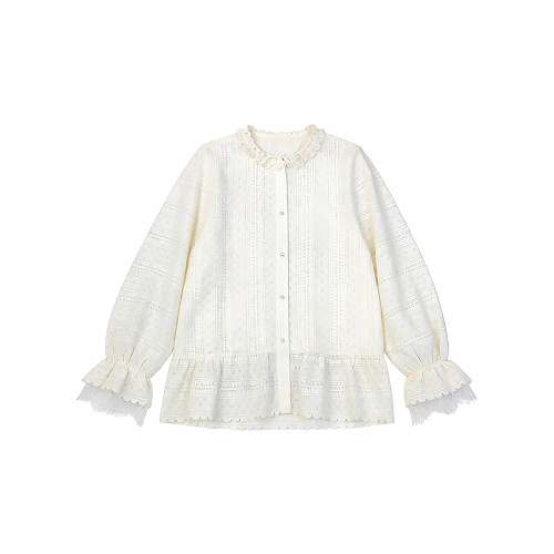 大碼白色慵懶風蕾絲長袖襯衫女早春法式甜美學院風襯衣設計感上衣