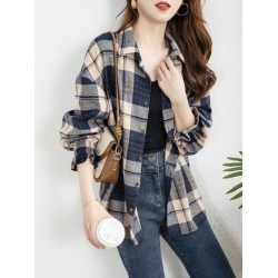 英倫風格子襯衫女款2023新款磨毛長袖上衣復古通勤曡穿外搭襯衣潮