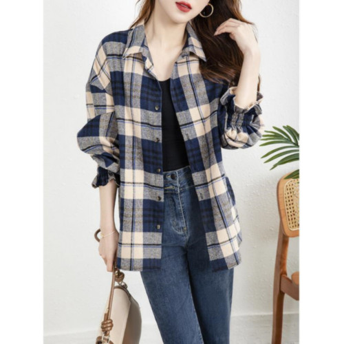 英倫風格子襯衫女款2023新款磨毛長袖上衣復古通勤曡穿外搭襯衣潮