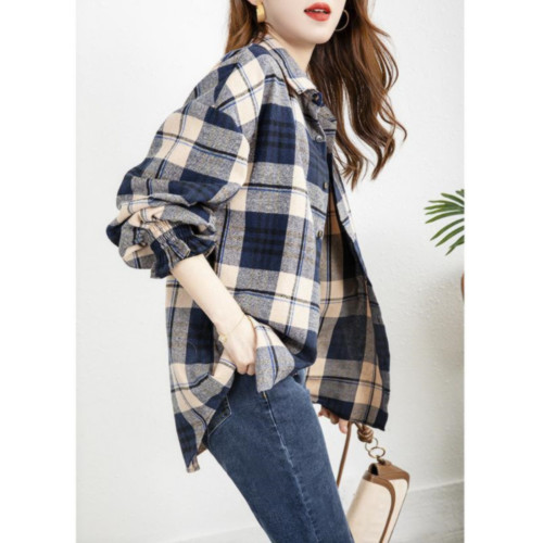 英倫風格子襯衫女款2023新款磨毛長袖上衣復古通勤曡穿外搭襯衣潮