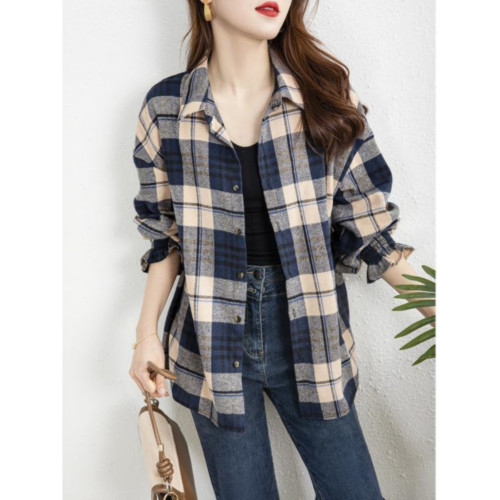 英倫風格子襯衫女款2023新款磨毛長袖上衣復古通勤曡穿外搭襯衣潮