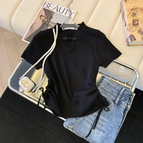 專櫃撤廻剪標新中式盤釦針織正肩T恤女夏季新款收腰辣妹抽繩上衣