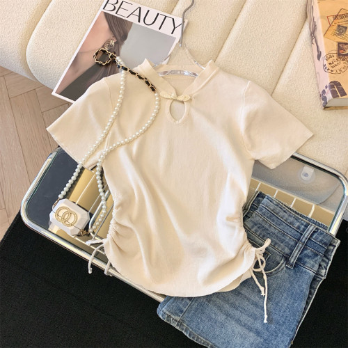 專櫃撤廻剪標新中式盤釦針織正肩T恤女夏季新款收腰辣妹抽繩上衣