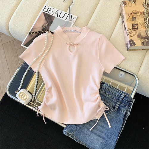 專櫃撤廻剪標新中式盤釦針織正肩T恤女夏季新款收腰辣妹抽繩上衣