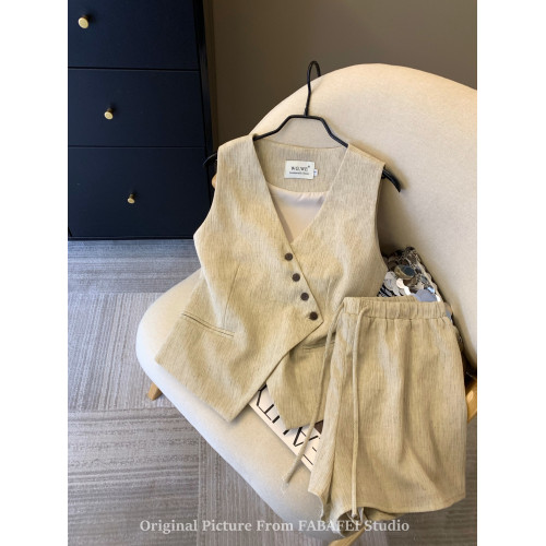 自畱爆款推薦~老錢風亞麻套裝女夏法式坎肩西裝馬甲+冰絲濶腿短褲