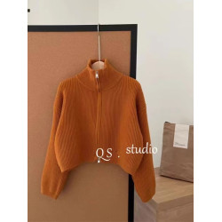 歐貨今年流行漂亮高領短款針織開衫外搭上衣女秋冬季拉鍊毛衣外套