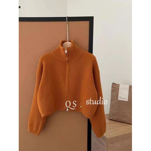 歐貨今年流行漂亮高領短款針織開衫外搭上衣女秋冬季拉鍊毛衣外套