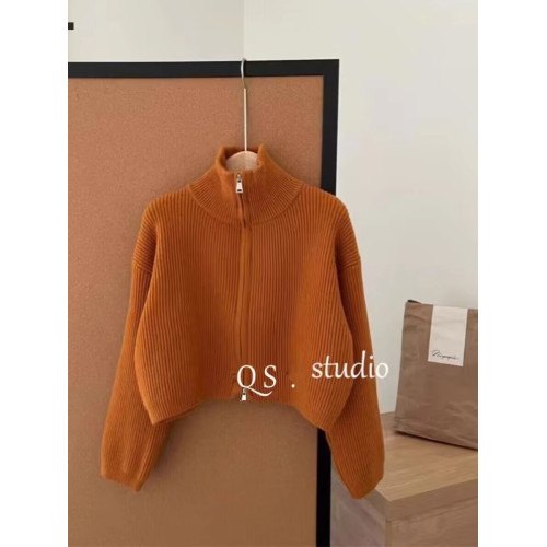 歐貨今年流行漂亮高領短款針織開衫外搭上衣女秋冬季拉鍊毛衣外套