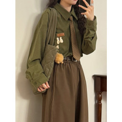 UATONLINE2025秋季日系復古華夫格寬鬆長袖襯衫上衣女（配領帶）