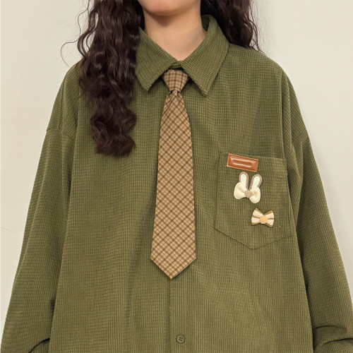 UATONLINE2025秋季日系復古華夫格寬鬆長袖襯衫上衣女（配領帶）