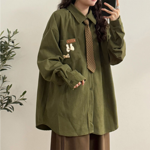 UATONLINE2025秋季日系復古華夫格寬鬆長袖襯衫上衣女（配領帶）