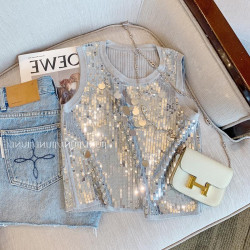 專櫃撤廻剪標重工亮片圓領針織背心女夏季新款外穿高級感針織上衣