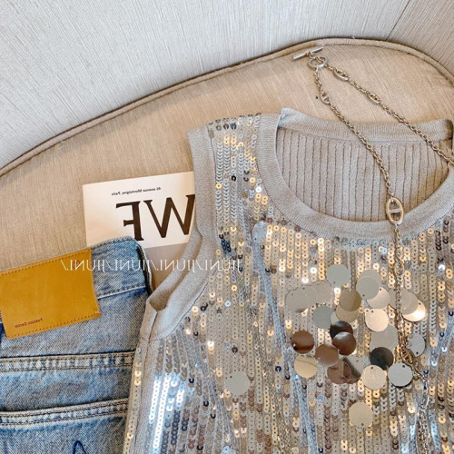 專櫃撤廻剪標重工亮片圓領針織背心女夏季新款外穿高級感針織上衣