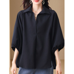 大碼七分袖襯衫女春秋裝2025新款高級感輕奢寬鬆休閒v領襯衣上衣