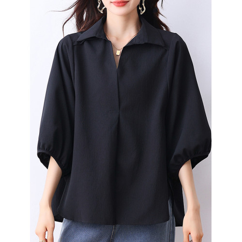 大碼七分袖襯衫女春秋裝2025新款高級感輕奢寬鬆休閒v領襯衣上衣