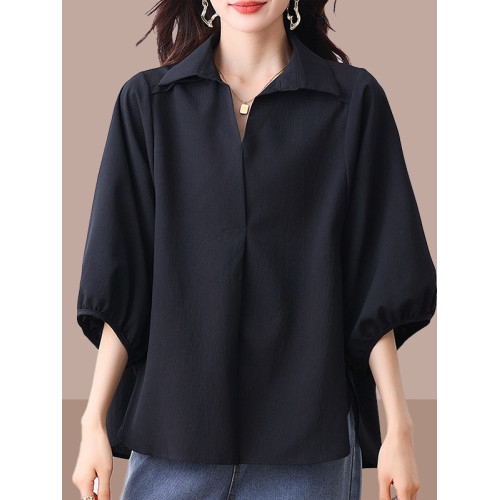 大碼七分袖襯衫女春秋裝2025新款高級感輕奢寬鬆休閒v領襯衣上衣