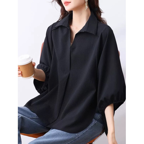 大碼七分袖襯衫女春秋裝2025新款高級感輕奢寬鬆休閒v領襯衣上衣