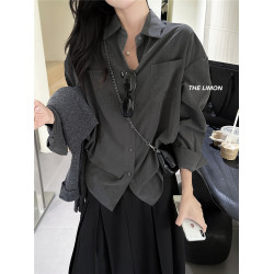 法式通勤高級霧面感長袖灰色襯衫秋冬女士雙口袋小衆上衣曡穿襯衣