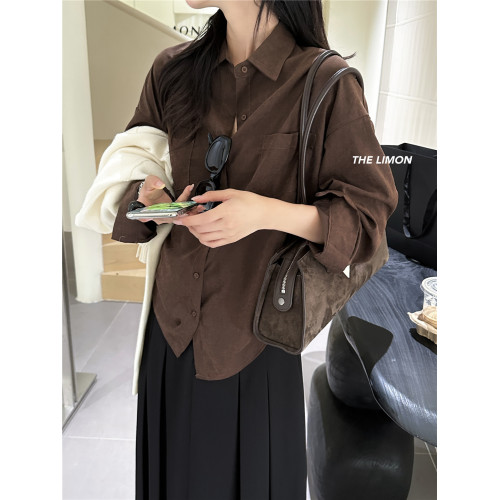 法式通勤高級霧面感長袖灰色襯衫秋冬女士雙口袋小衆上衣曡穿襯衣