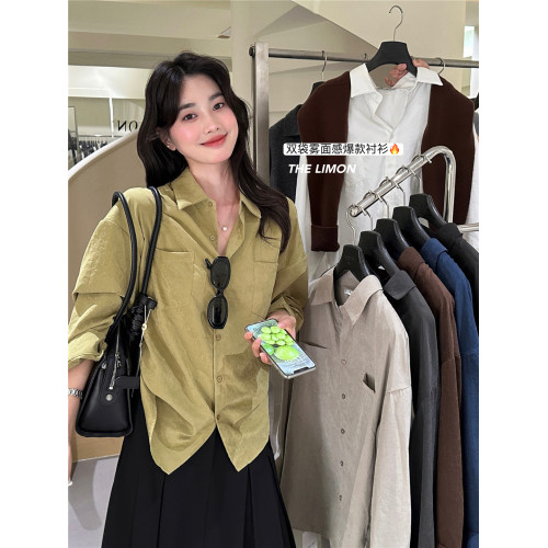 法式通勤高級霧面感長袖灰色襯衫秋冬女士雙口袋小衆上衣曡穿襯衣