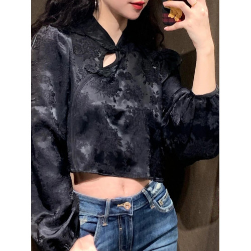 復古斜襟短款長袖黑色新中式國風盤釦刺綉上衣女春秋2143040 800