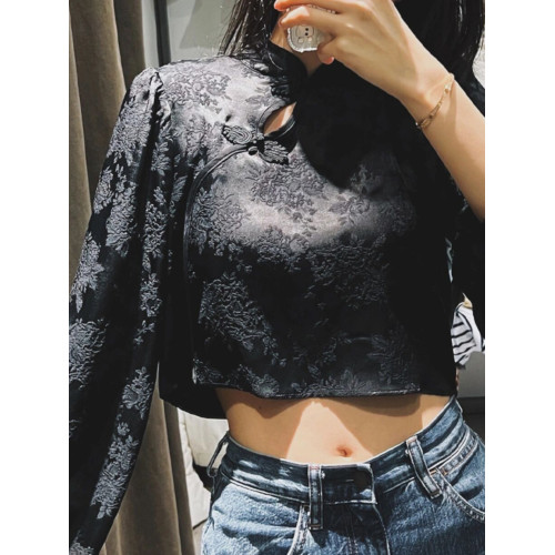 復古斜襟短款長袖黑色新中式國風盤釦刺綉上衣女春秋2143040 800