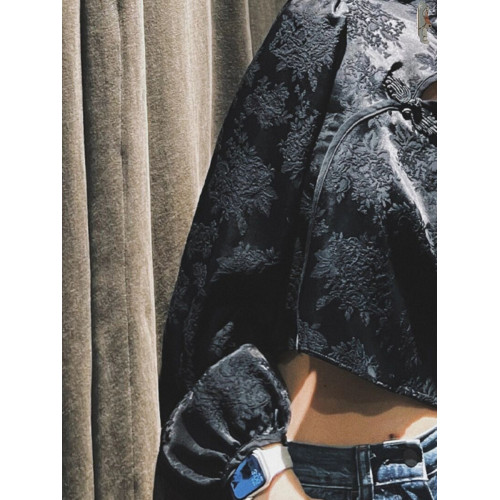 復古斜襟短款長袖黑色新中式國風盤釦刺綉上衣女春秋2143040 800