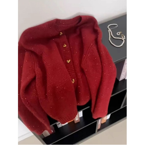 歐貨漂亮新年紅色亮絲毛衣外套女秋冬季高級感超好看針織開衫上衣