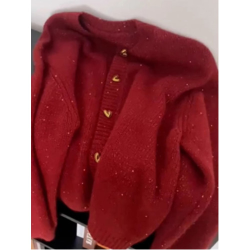 歐貨漂亮新年紅色亮絲毛衣外套女秋冬季高級感超好看針織開衫上衣