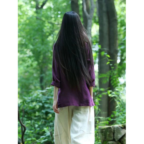 中式復古雙開衩棉麻上衣女秋季國風紫色對襟盤釦唐裝襯衫