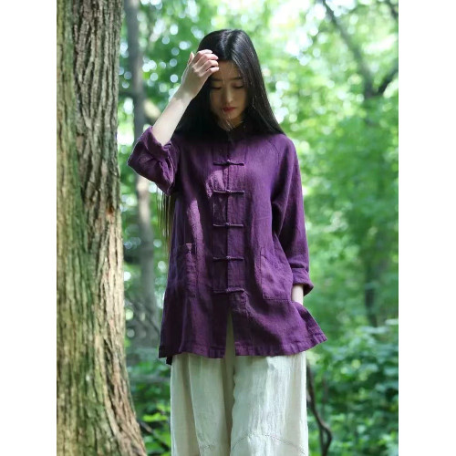 中式復古雙開衩棉麻上衣女秋季國風紫色對襟盤釦唐裝襯衫