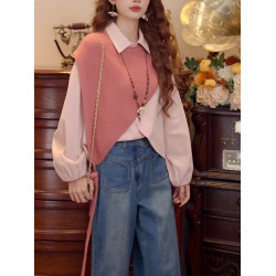 大碼2026年春季新款設計款港風復古披肩拼接長袖百搭寬鬆襯衫上衣