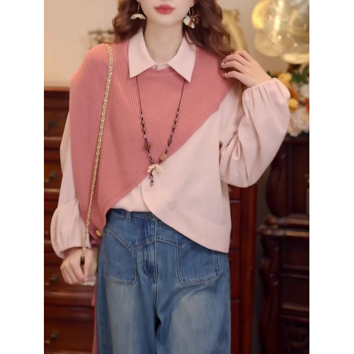 大碼2026年春季新款設計款港風復古披肩拼接長袖百搭寬鬆襯衫上衣