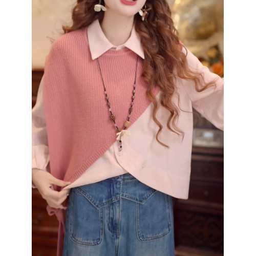 大碼2026年春季新款設計款港風復古披肩拼接長袖百搭寬鬆襯衫上衣