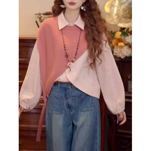 大碼2026年春季新款設計款港風復古披肩拼接長袖百搭寬鬆襯衫上衣