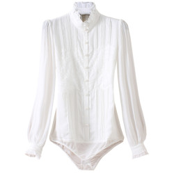 優雅名媛高級飄逸雪紡襯衫女蕾絲花邊木耳領小衆連體襯衣白色新款